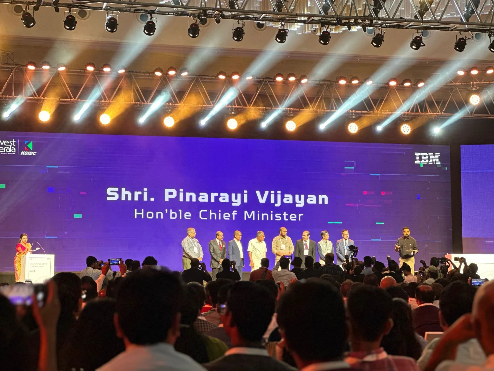 Audience view of an IBM event stage with Kerala Chief Minister Pinarayi Vijayan