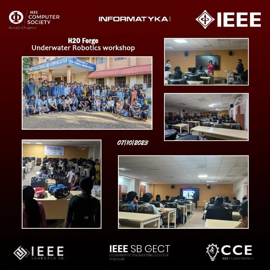 Workshop poster and photo collage from H2O Forge underwater robotics