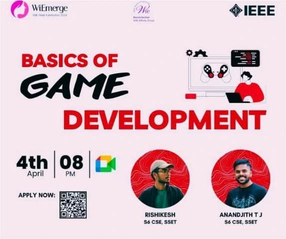 Basics of Game Development poster featuring Rishikesh and Anandjith T J for 4 April