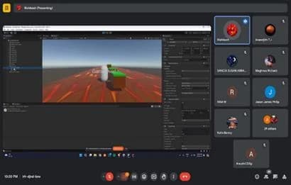 Google Meet screenshot showing a Unity game scene during the Basics of Game Development workshop
