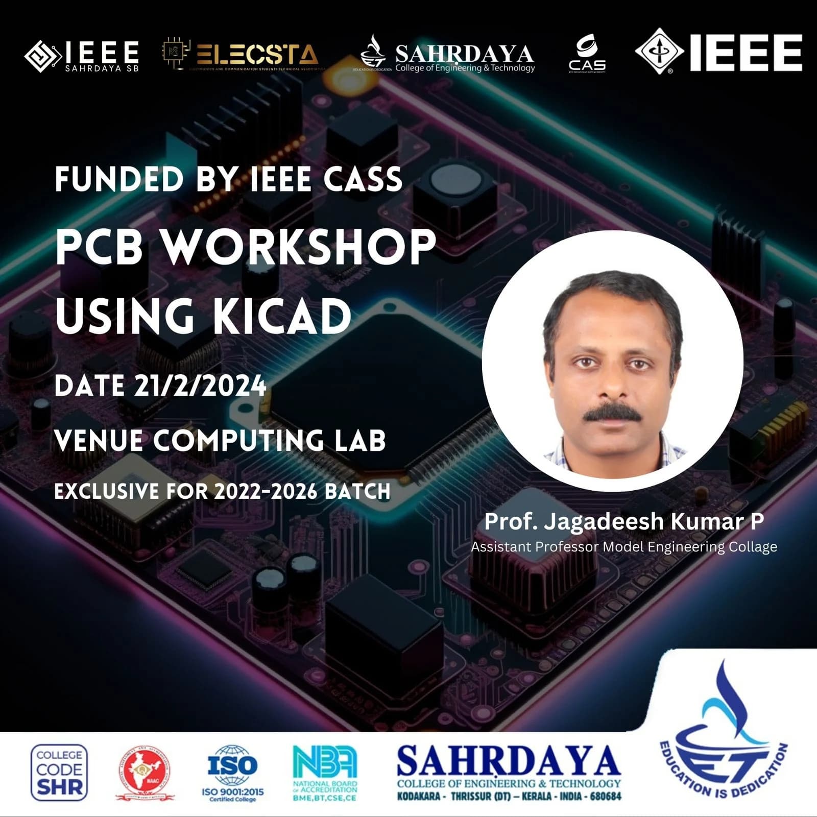 PCB Workshop Using KiCad poster featuring Prof. Jagadeesh Kumar P, 21 February 2024