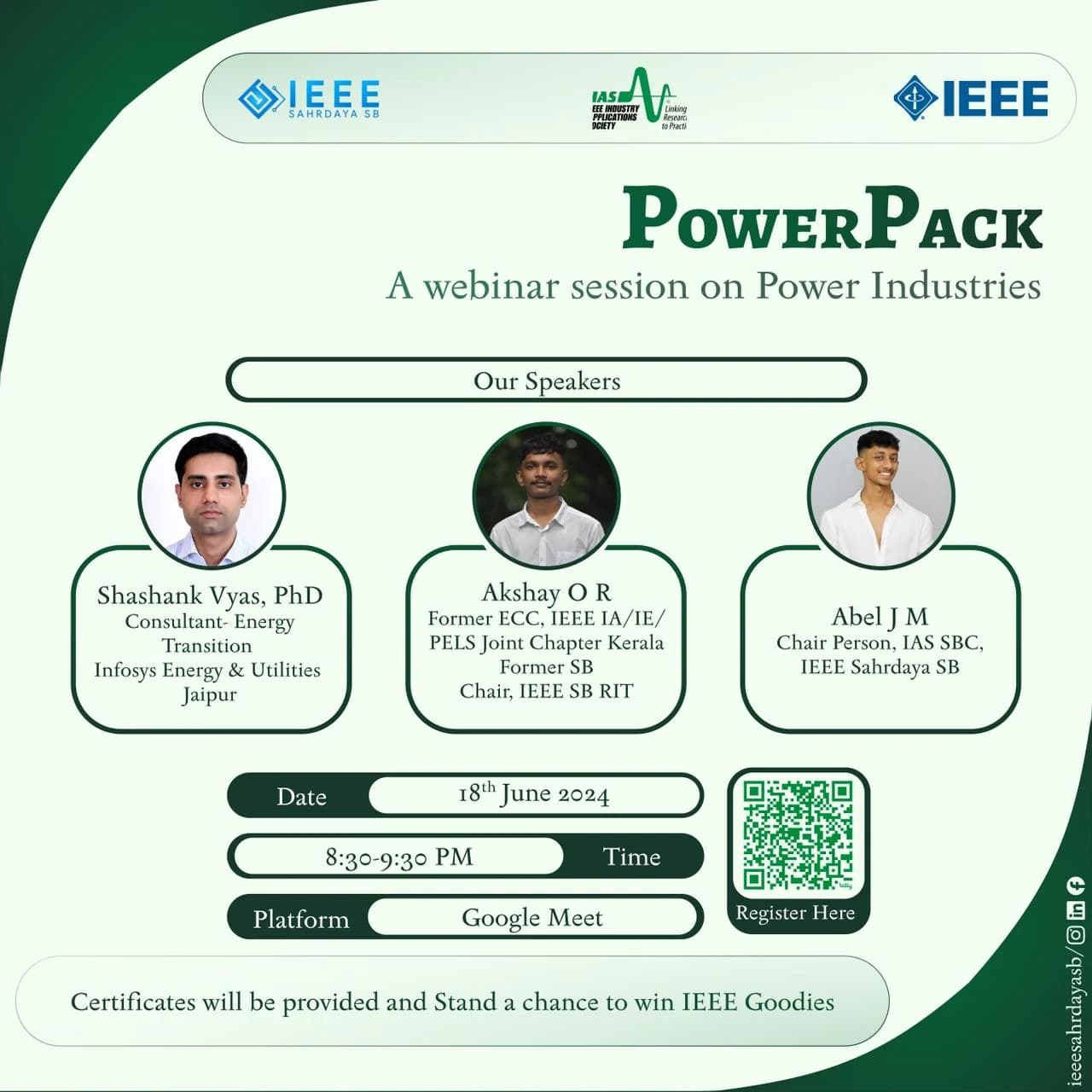PowerPack webinar poster with speakers Shashank Vyas, Akshay O R and Abel J M