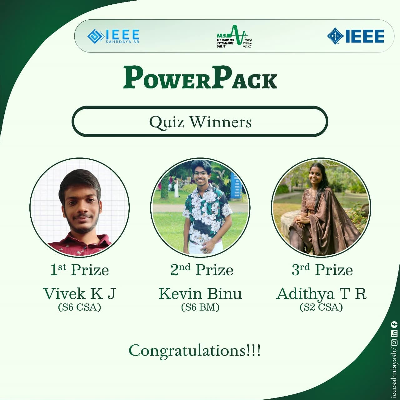 PowerPack quiz winners Vivek K J, Vin Binu and Adithya T R