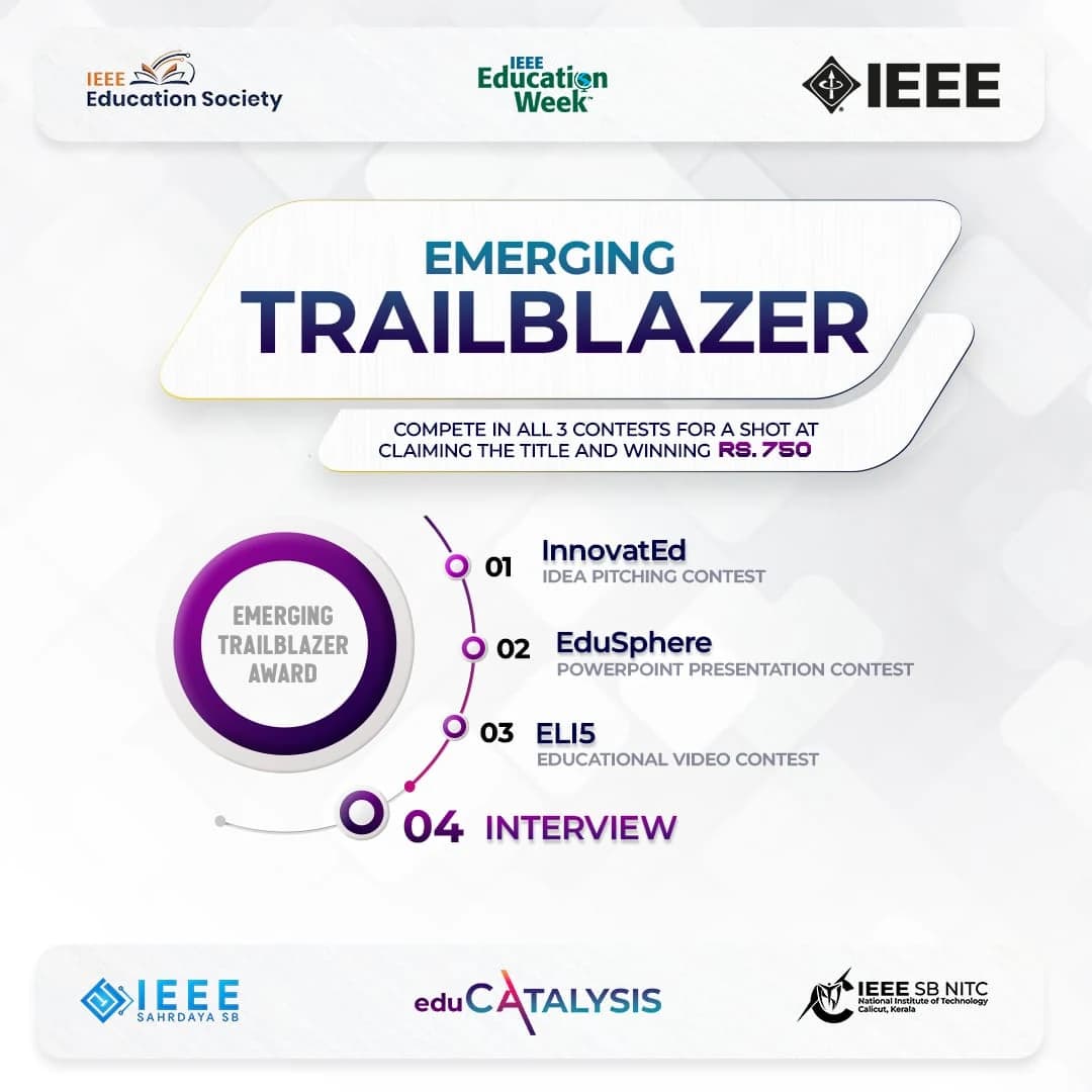Emerging Trailblazer Award poster showing InnovatEd, EduSphere, ELI5 and interview rounds