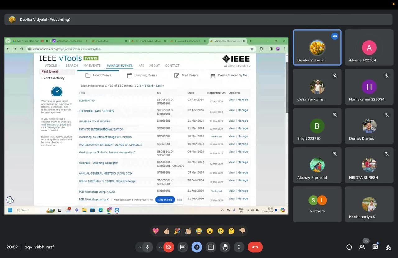 Google Meet screenshot of the IEEE Sahrdaya vTools training with the vTools events page shared