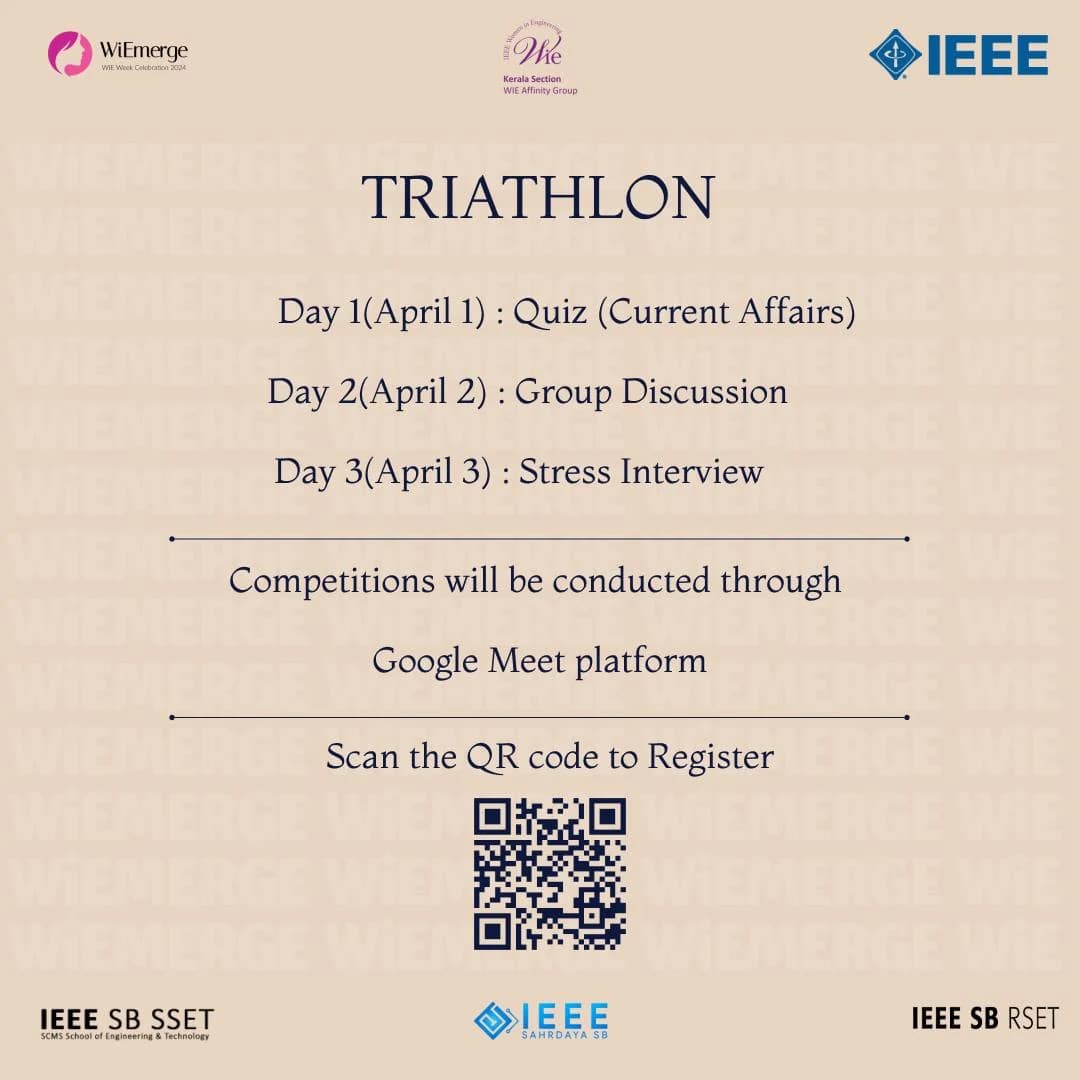 WIE Triathlon poster listing quiz, group discussion and stress interview rounds, 1 to 3 April