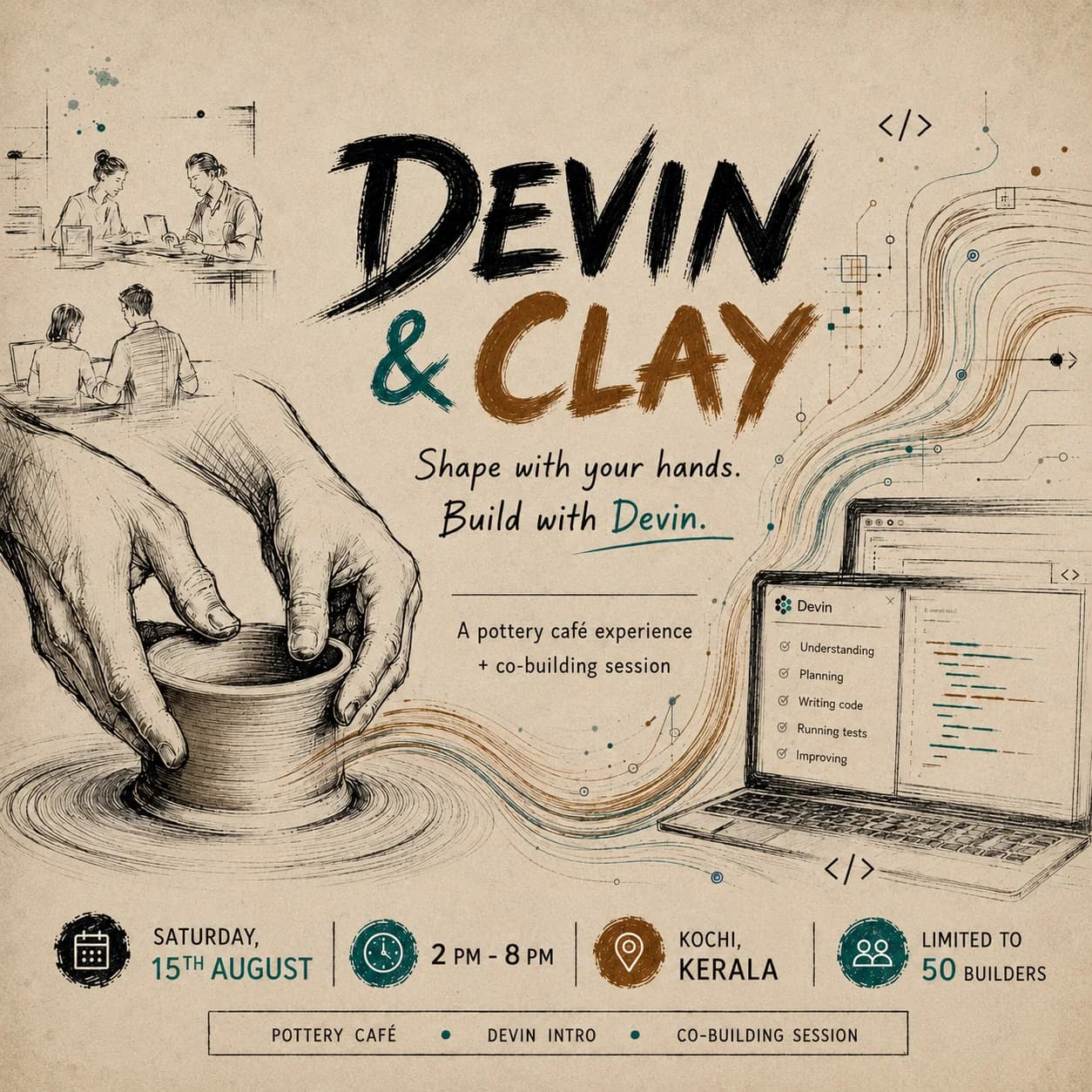 Devin & Clay event poster pairing pottery with AI-assisted software building