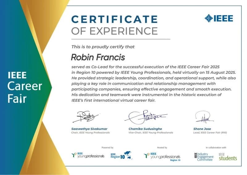 Robin Francis's certificate recognising service as Co-Lead of the IEEE Career Fair 2025