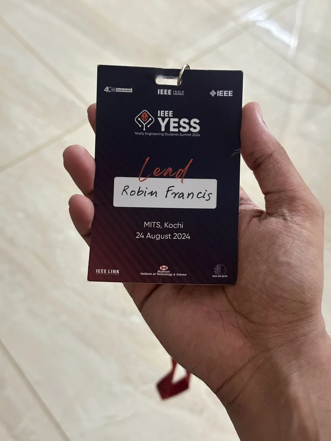 Robin Francis's IEEE YESS 2024 badge showing IEEE Sahrdaya