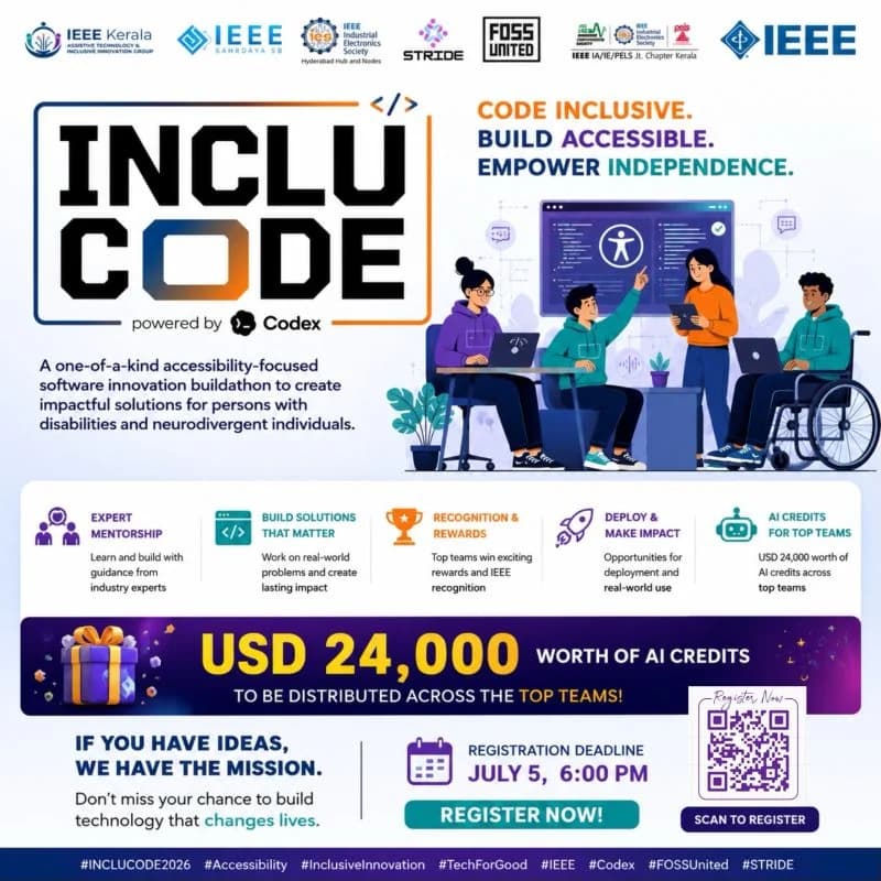 INCLUCODE 2026 poster outlining accessibility tracks and the buildathon timeline