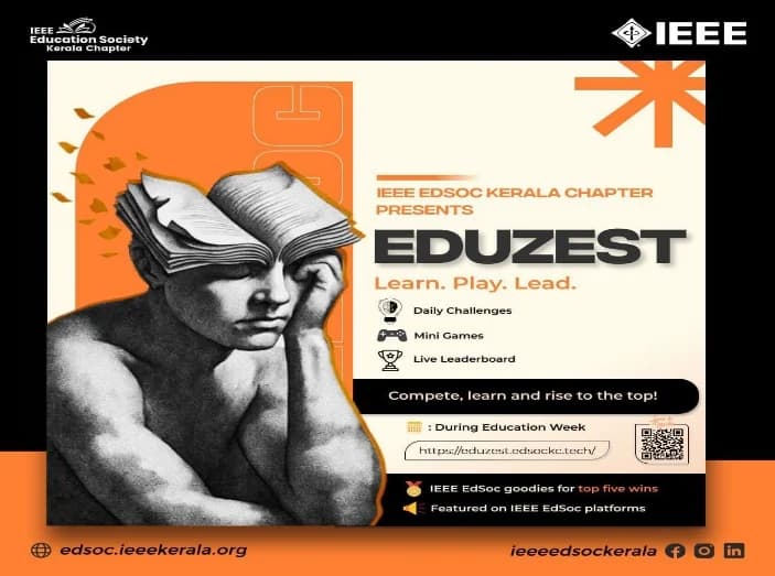 EDUZEST Learn, Play, Lead poster introducing daily challenges, mini-games and a live leaderboard