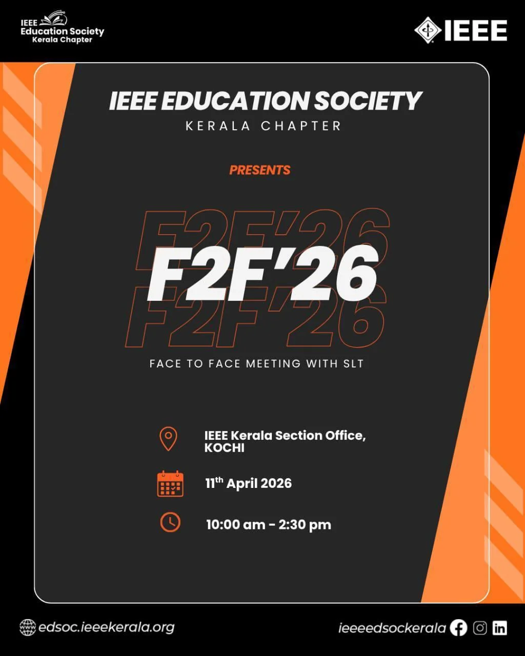F2F '26 poster announcing the EdSoc face-to-face meeting on 11 April at the IEEE Kerala Section Office