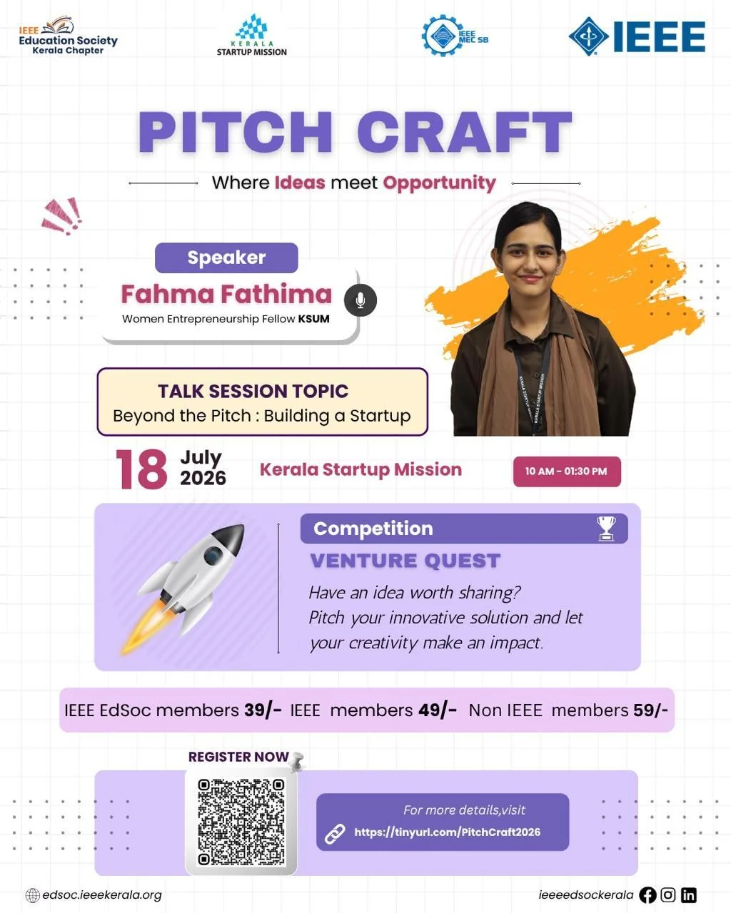 PitchCraft poster featuring Fahma Fathima's Beyond the Pitch session and the VentureQuest product marketing competition