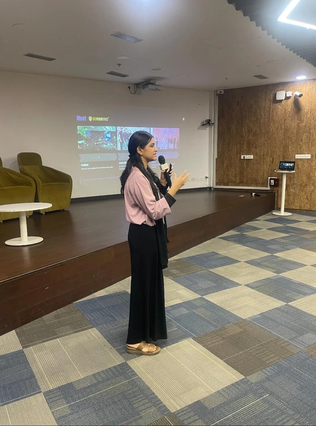 Fahma Fathima speaking about startup development at PitchCraft in Kerala Startup Mission's Integrated Startup Complex