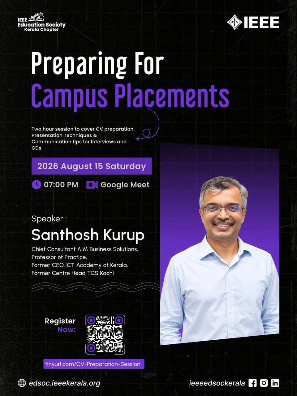 Preparing for Campus Placements poster featuring Santhosh Kurup and the 15 August 2026 online session