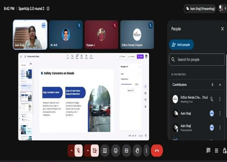 A finalist presenting a startup concept to a SparkUp 2.0 judging panel online