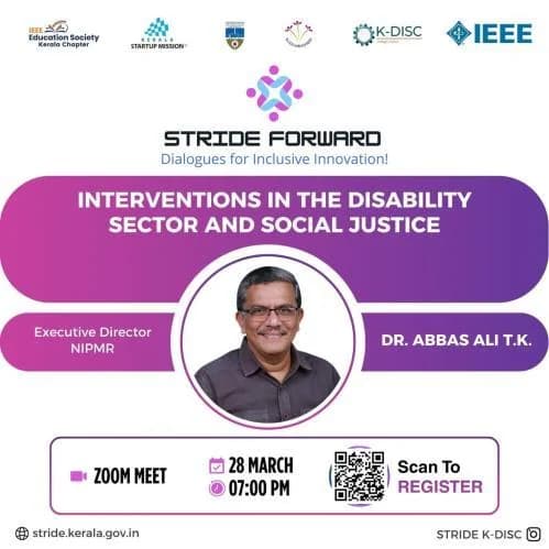 STRIDE Forward poster featuring Dr. Abbas Ali T.K. and the topic Interventions in the Disability Sector and Social Justice