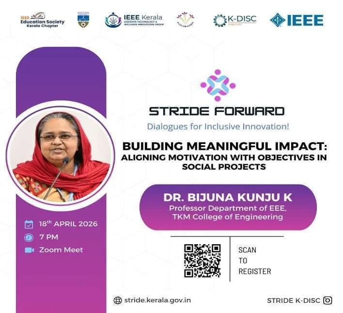 STRIDE Forward poster featuring Dr. Bijuna Kunju K on aligning motivation with objectives in social projects