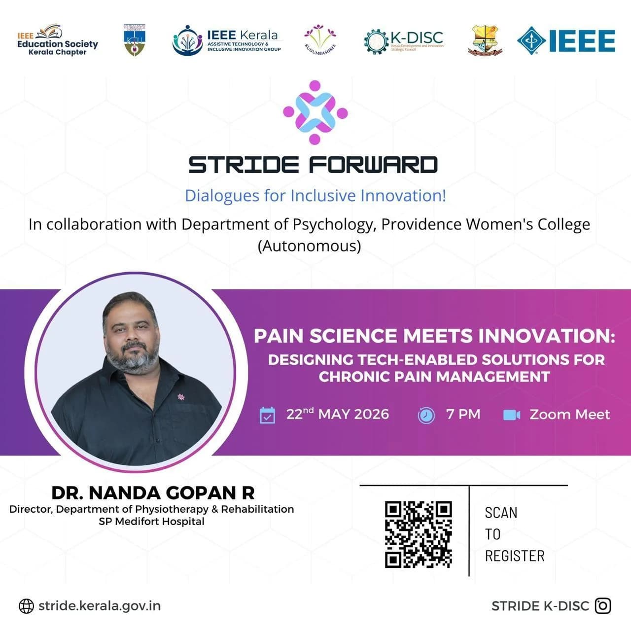 STRIDE Forward poster featuring Dr. Nanda Gopan R on technology-enabled solutions for chronic pain management