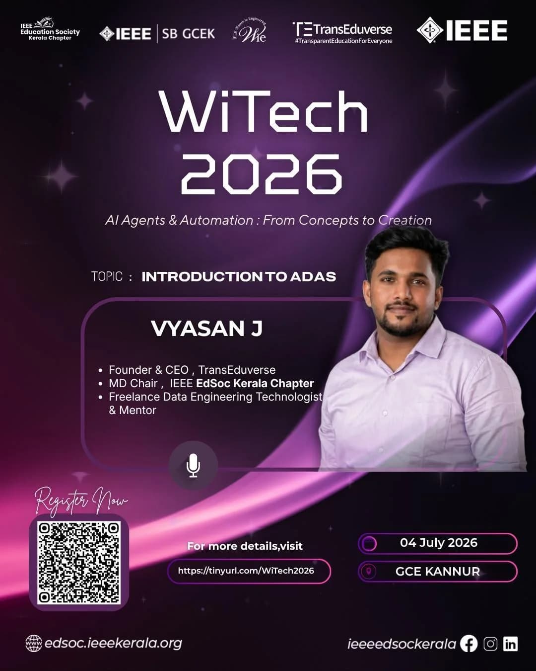 WiTech 2026 poster announcing Vyasan J's Introduction to ADAS session at GCE Kannur on 4 July