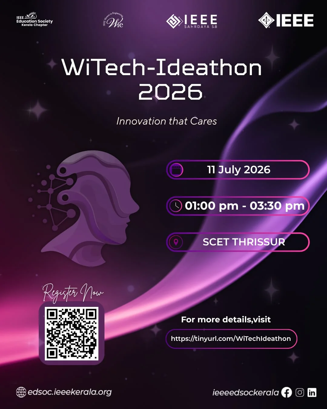 WiTech Ideathon 2026 poster announcing Innovation that Cares at Sahrdaya on 11 July