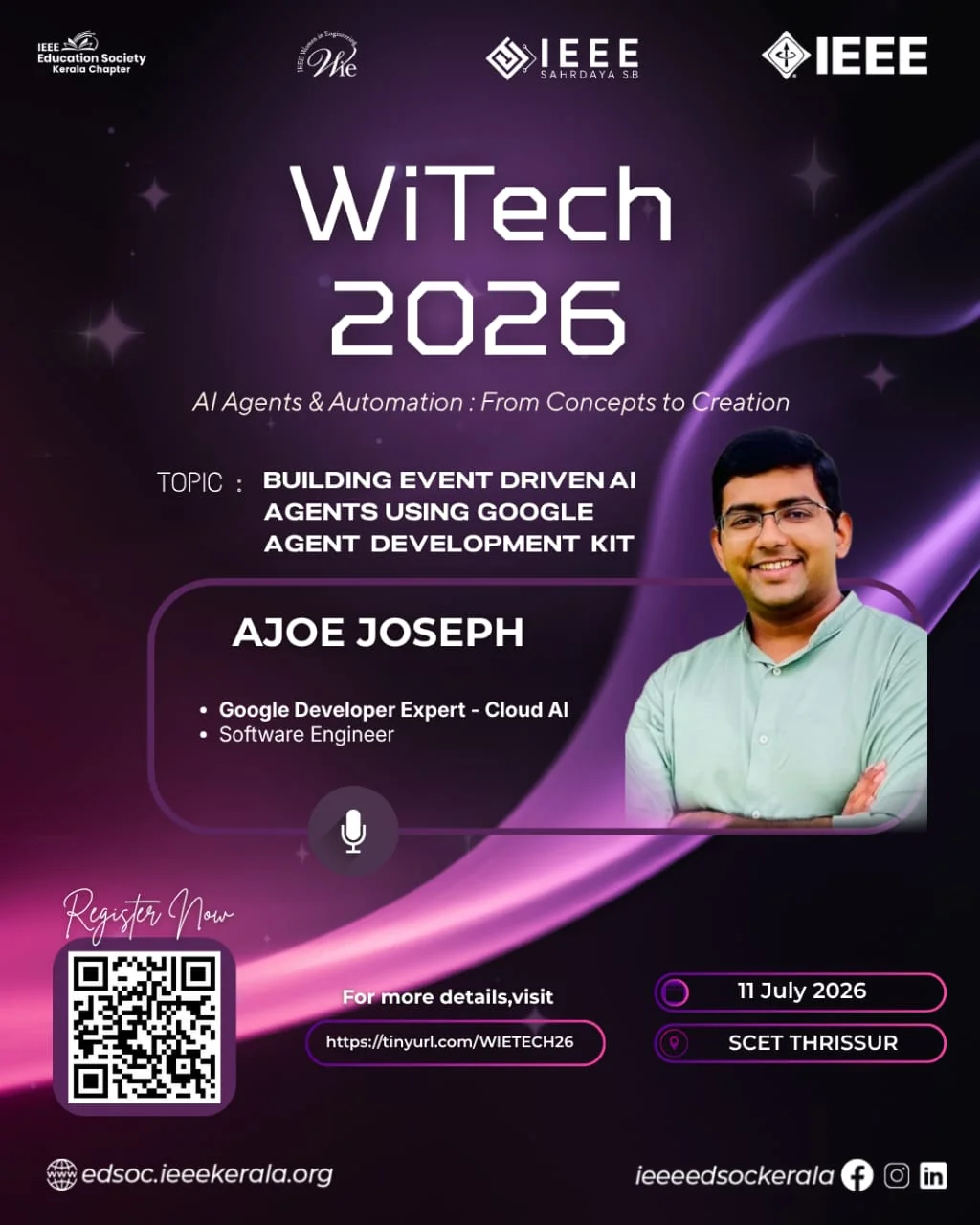 WiTech 2026 poster featuring Ajoe Joseph's workshop on building event-driven AI agents using Google ADK