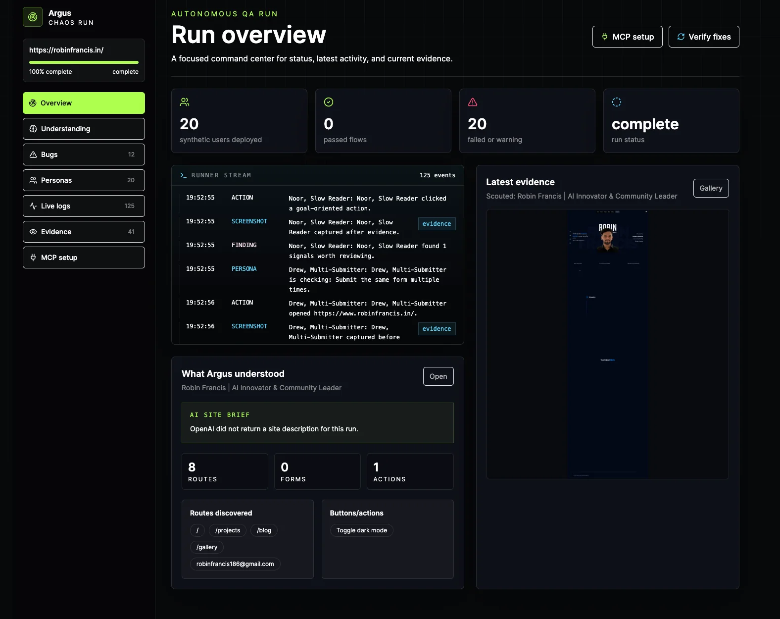 Argus autonomous QA browser agent launch screen