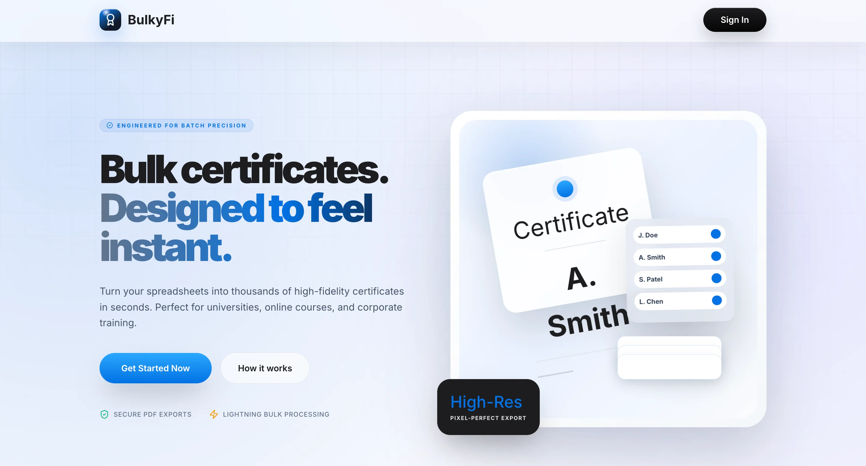 BulkyFi landing page for instant bulk certificate generation