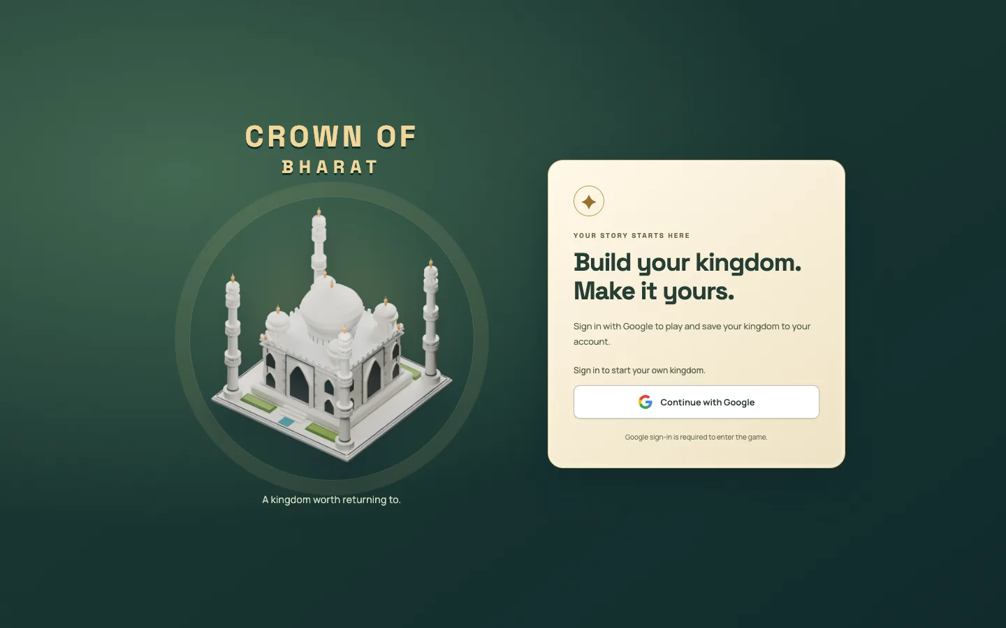 Crown of Bharat strategy game entry screen with a kingdom and Google sign-in panel. Robin Francis project