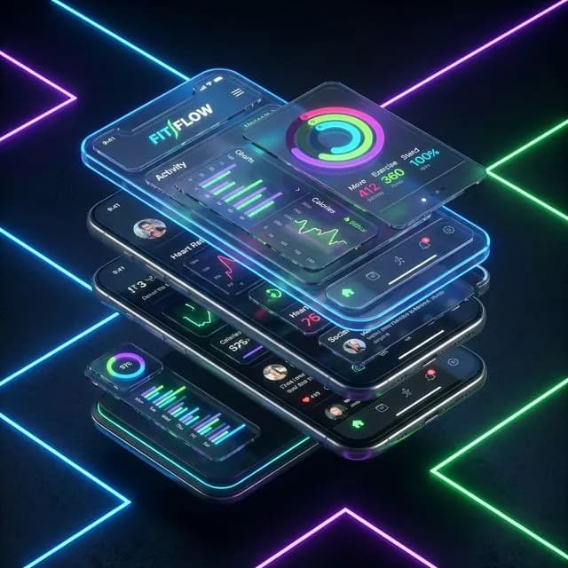 Stacked mobile fitness app screens with activity charts, heart metrics, and progress rings
