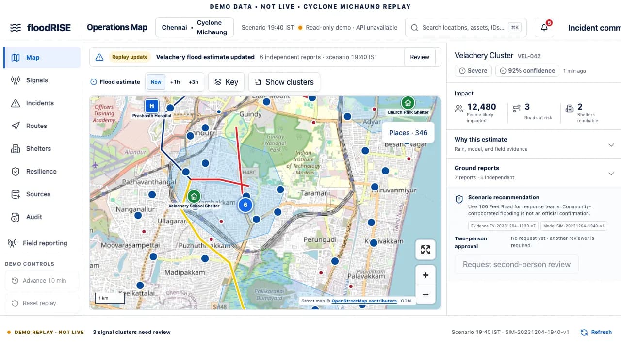 floodRISE operations map showing a clearly labeled Chennai demo replay, not live flood data. Robin Francis project