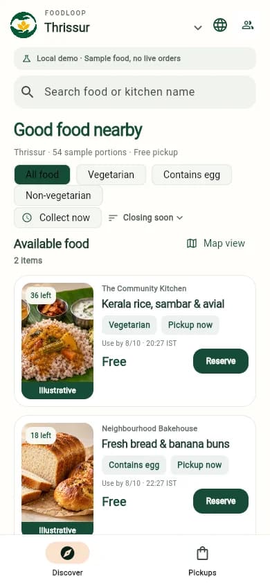 FoodLoop mobile discovery screen with fictional sample food listings in Thrissur. Robin Francis project