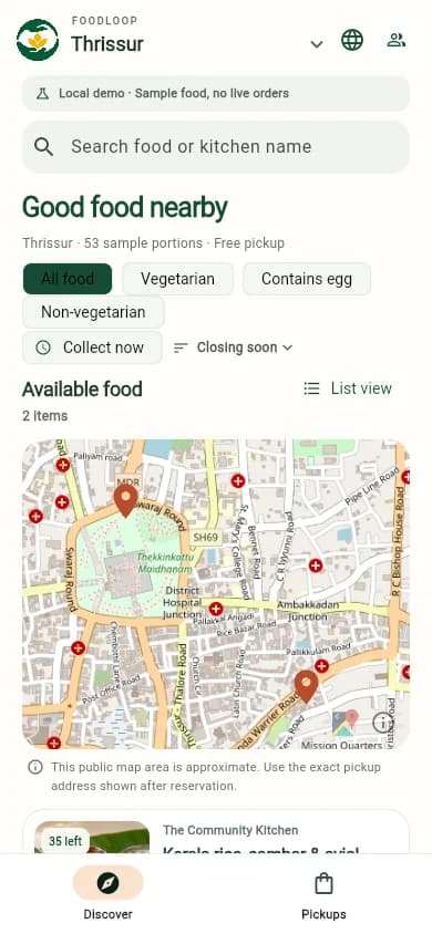 FoodLoop local demo map with approximate sample pickup locations. Robin Francis project