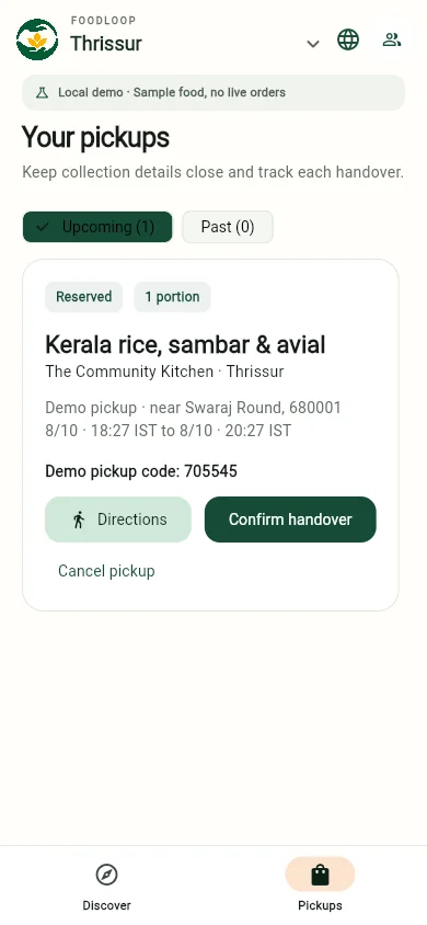 FoodLoop sample pickup card with a demo handover code and collection window. Robin Francis project