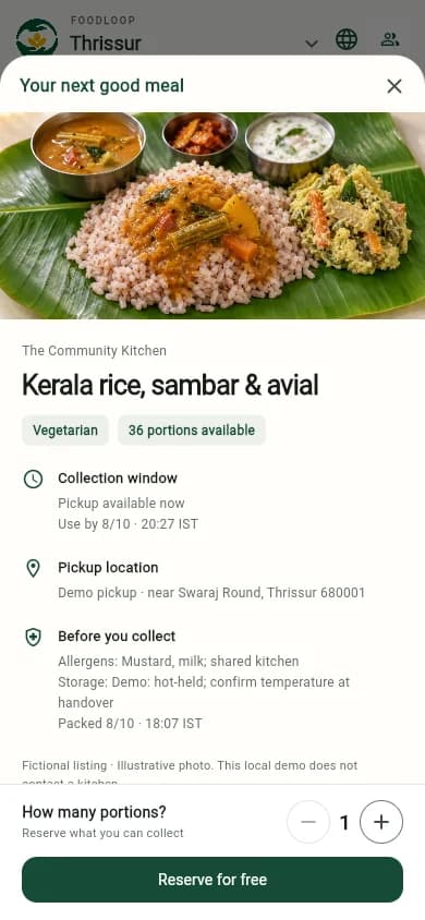FoodLoop sample listing details with collection window, allergen notes, and reservation controls. Robin Francis project