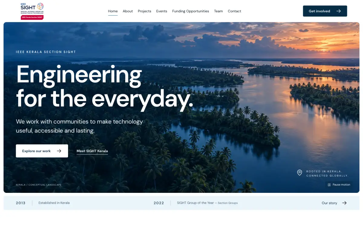 IEEE SIGHT Kerala website homepage with the Engineering for the everyday headline. Robin Francis project