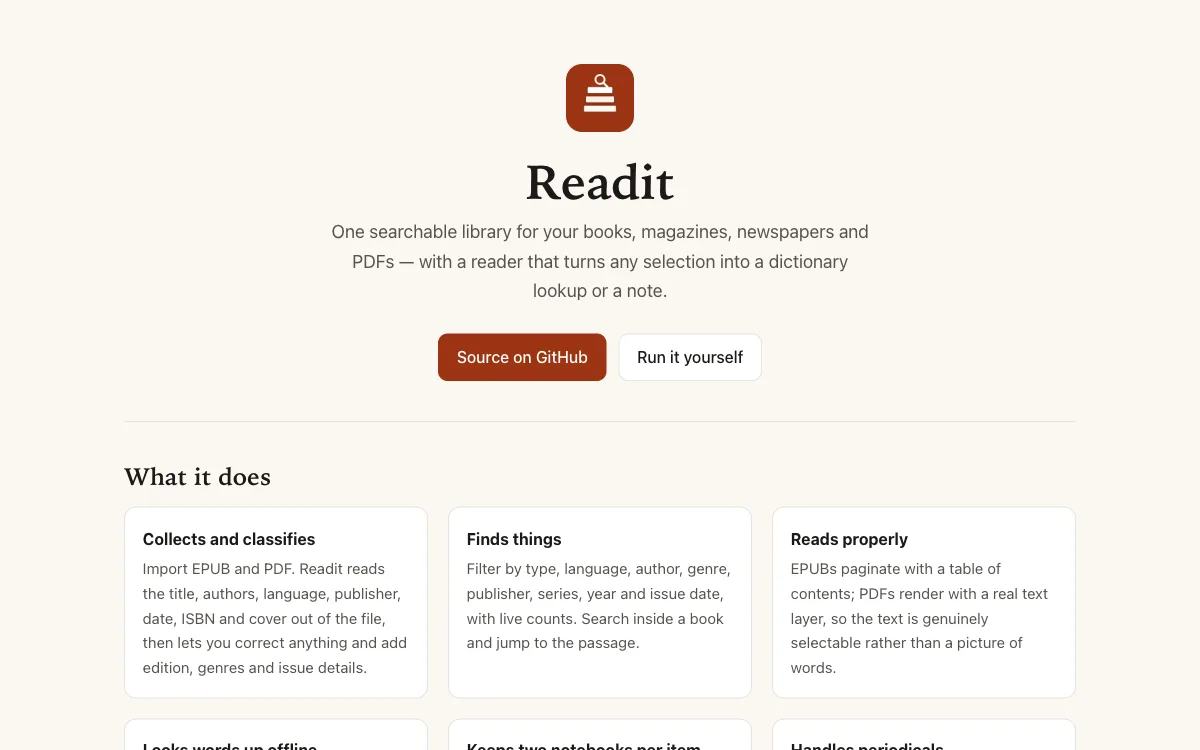 Readit personal library project page for books, periodicals, PDFs, and dictionary tools. Robin Francis project
