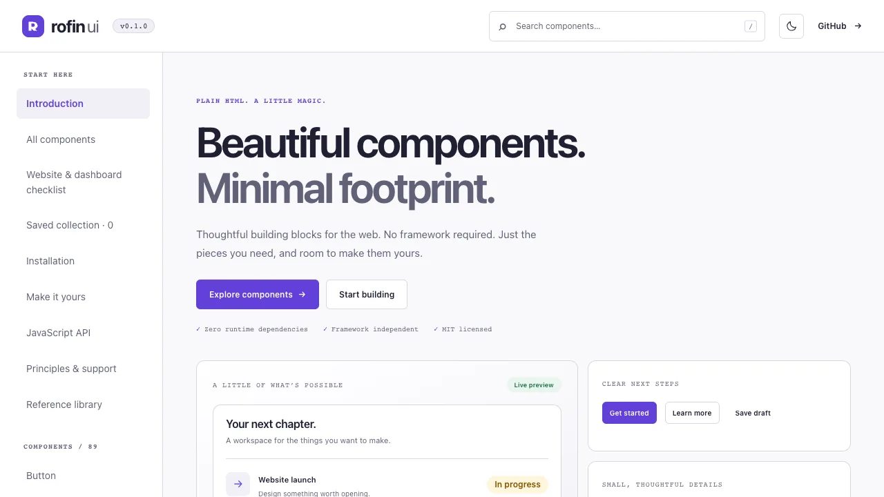 Rofin UI documentation page introducing its lightweight component library. Robin Francis project