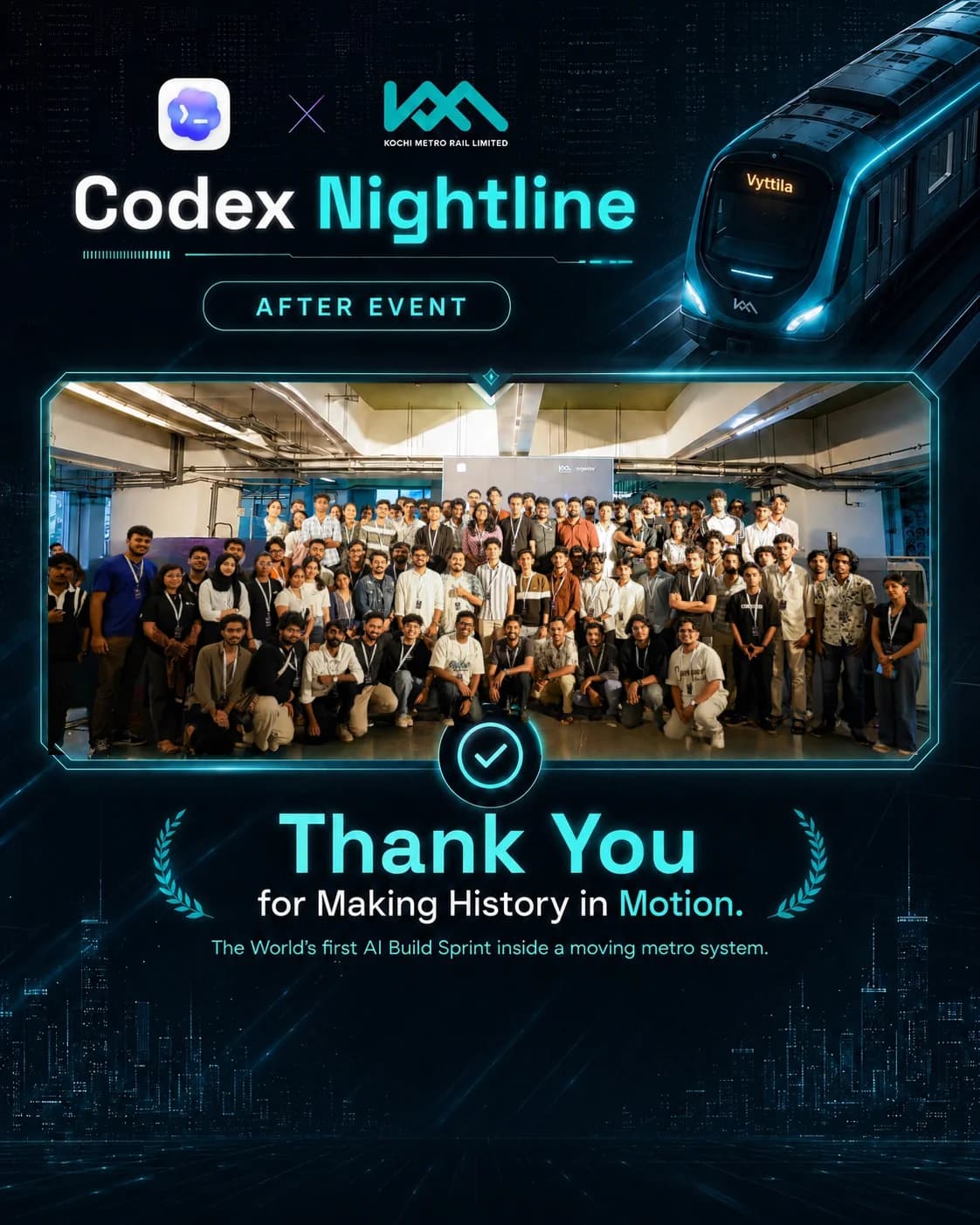 Codex Nightline after-event poster thanking participants for making history in motion