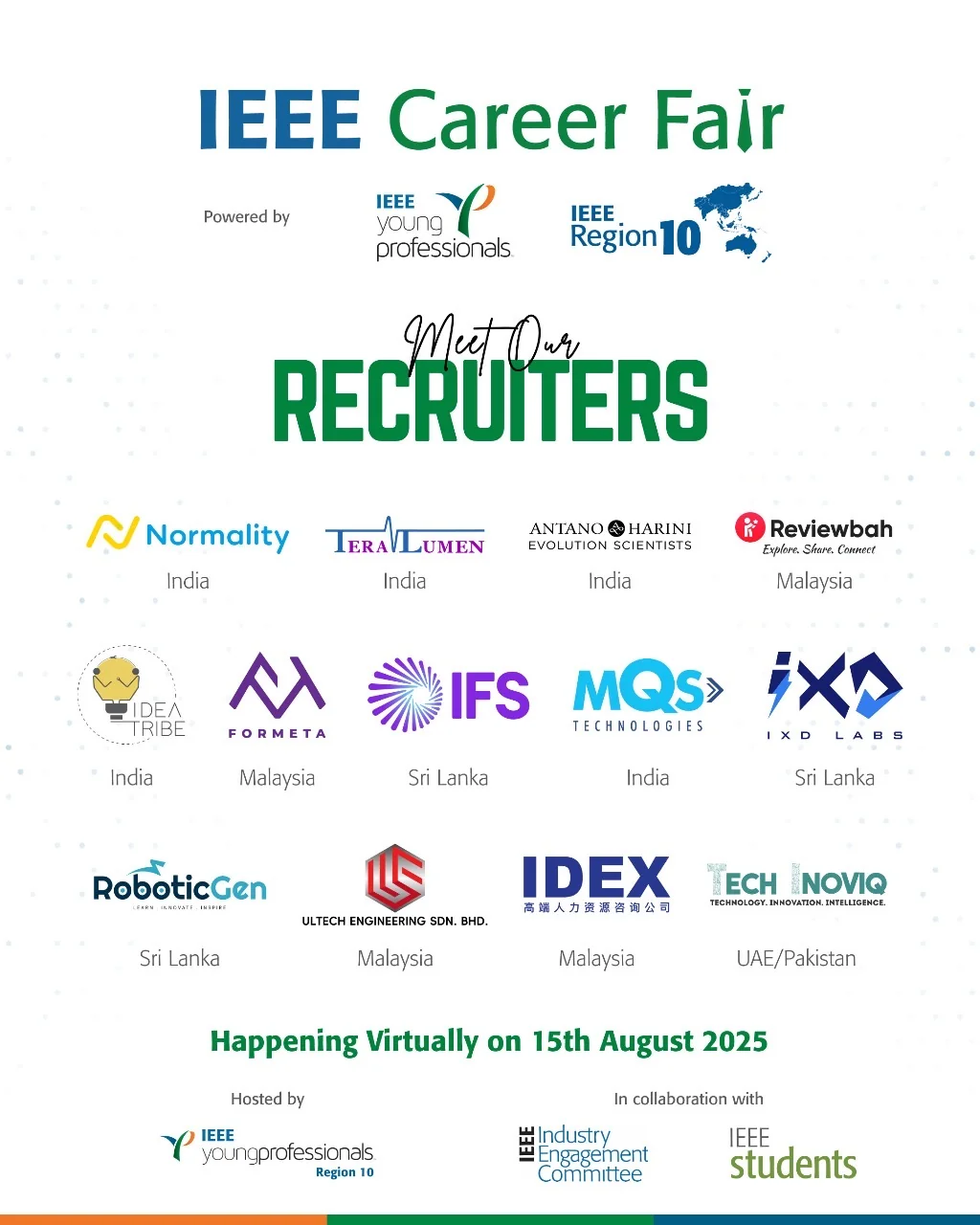 The 31 recruiters from India, Malaysia, Sri Lanka, and UAE who joined the IEEE Region 10 Virtual Career Fair