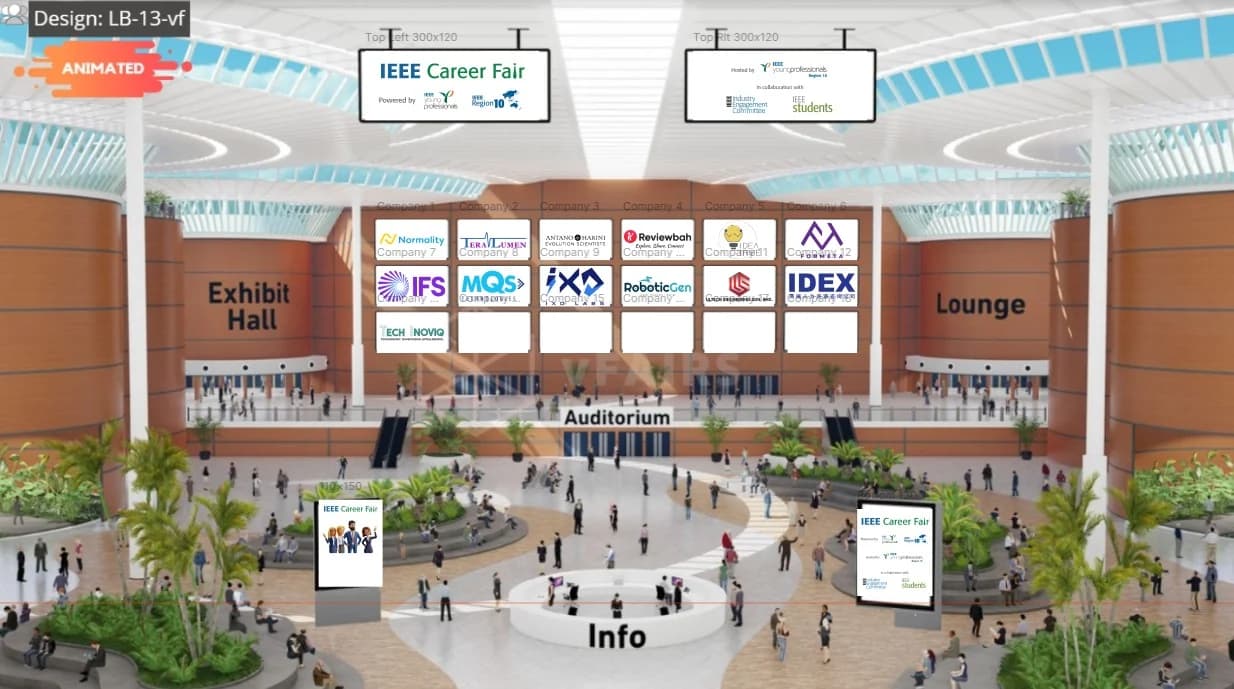 The virtual exhibit hall layout showing company booths, auditorium, lounge, and info desk