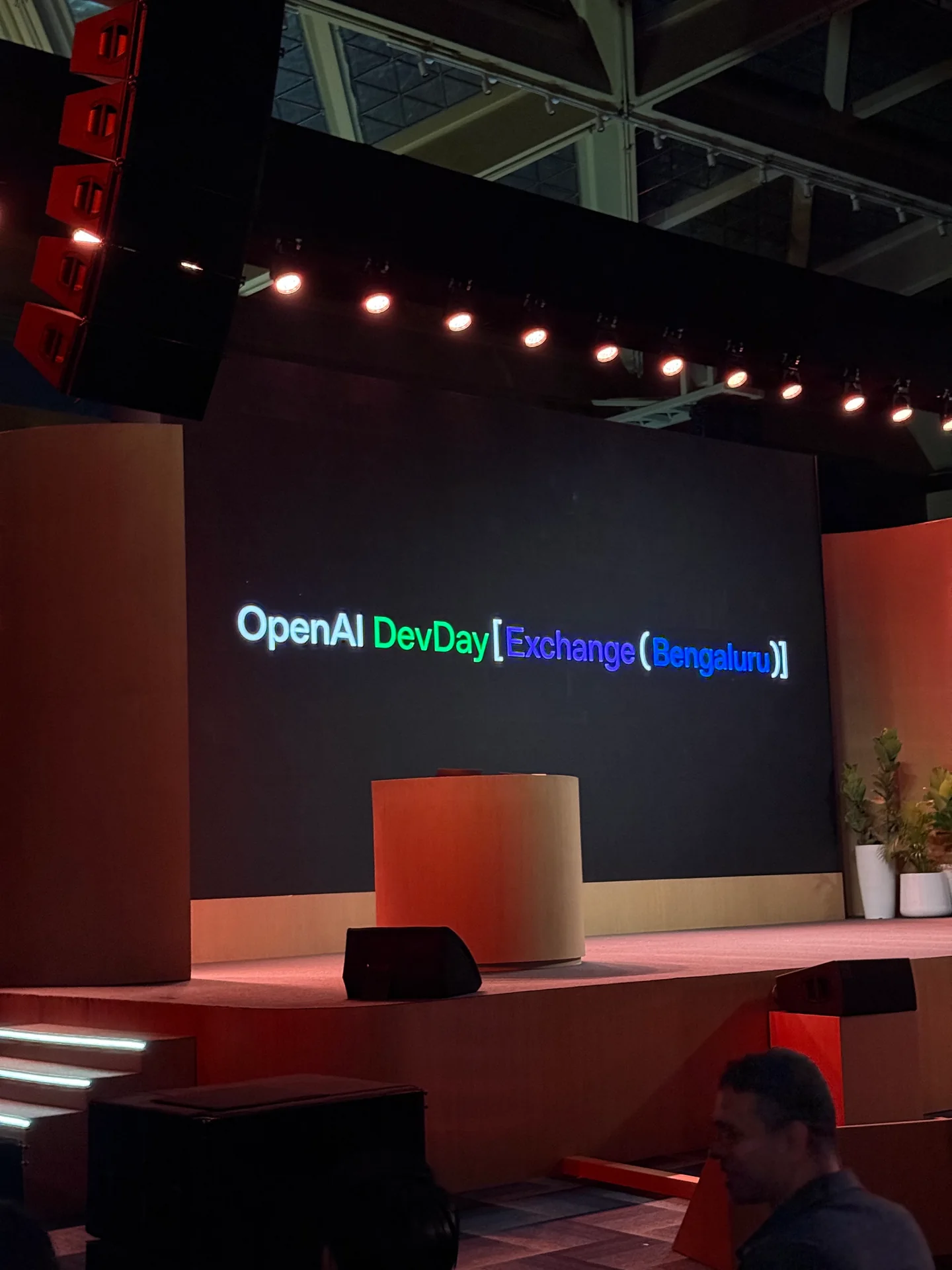 The OpenAI DevDay Exchange Bengaluru stage photographed during Robin Francis's first DevDay visit