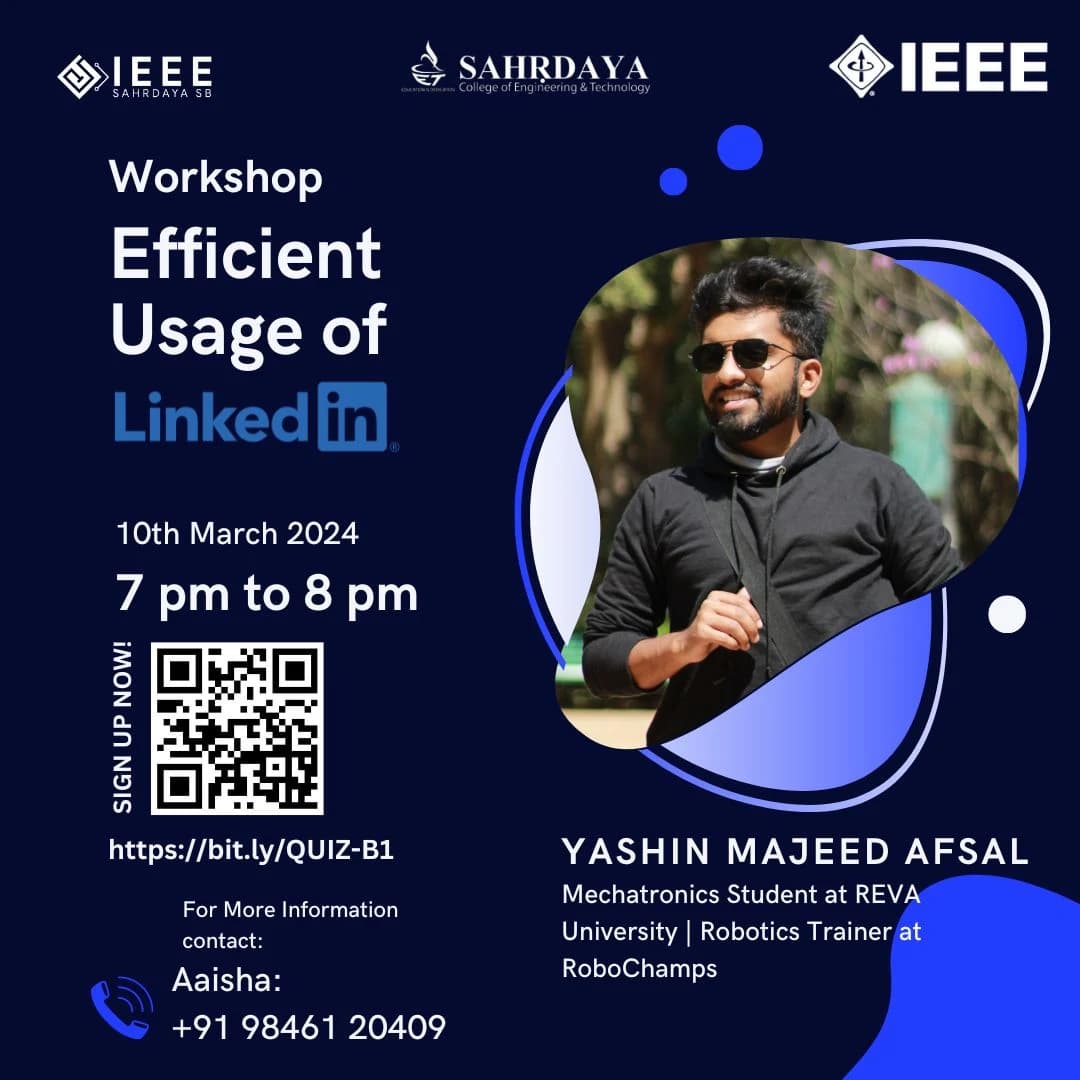 Efficient Usage of LinkedIn workshop poster featuring Yashin Majeed Afsal, 10 March 2024