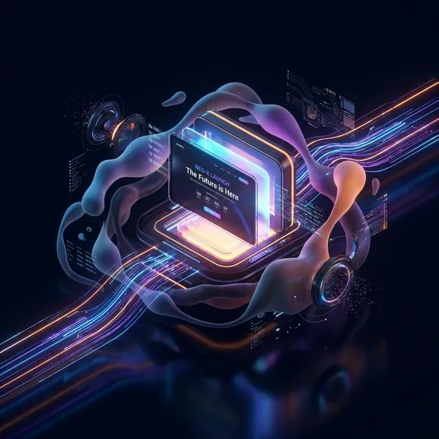 Futuristic product launch webpage mockup with neon motion trails and glowing UI frame