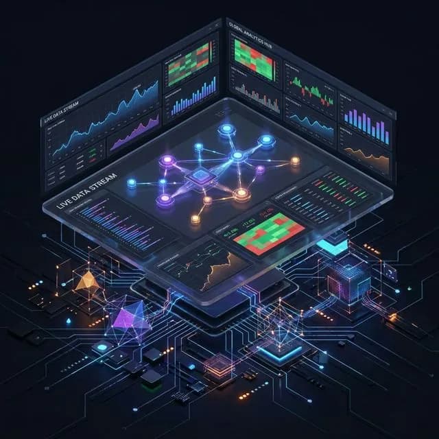 Isometric analytics dashboard with multi-panel charts, live data streams, and connected network nodes