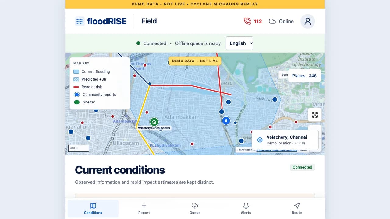 floodRISE field view showing Chennai flood conditions and community reports. Robin Francis project