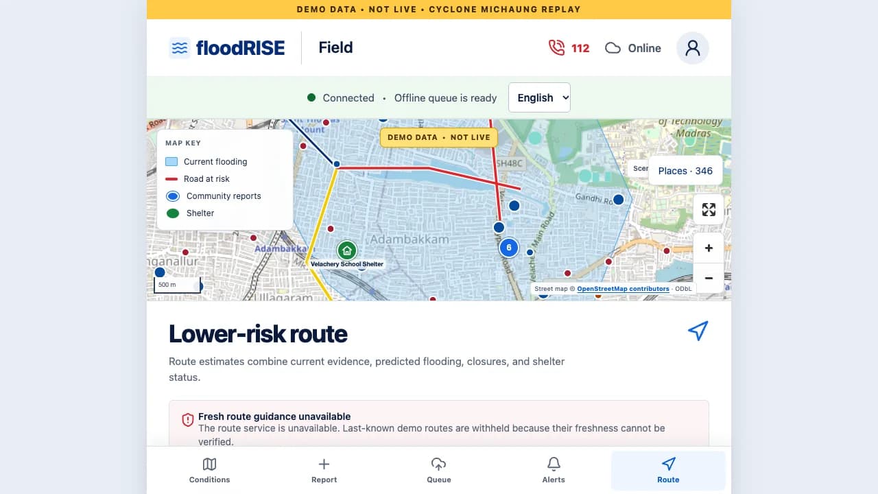 floodRISE field route view showing demo map conditions and route guidance status. Robin Francis project