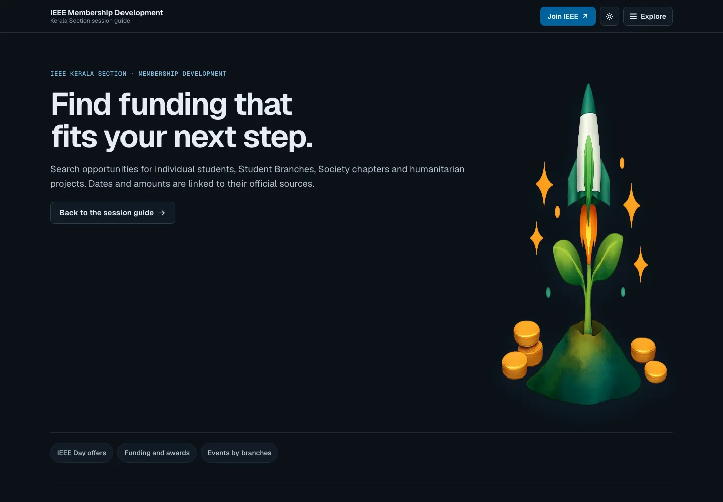 Screenshot of the IEEE Kerala Membership Development funding and awards page. Robin Francis project