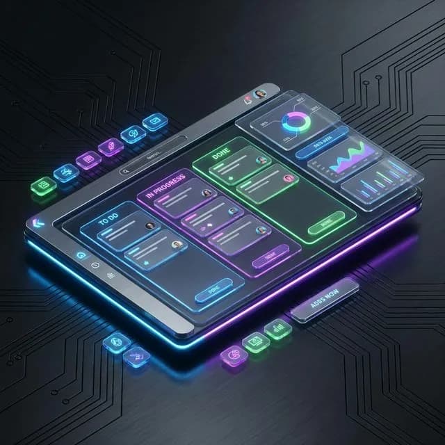 Neon task management dashboard with columns for to-do, in-progress, and completed work